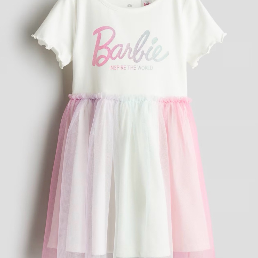 H&M White Dress with Pink, Lavender & Light Blue Tulle Skirt – Barbie Graphic
